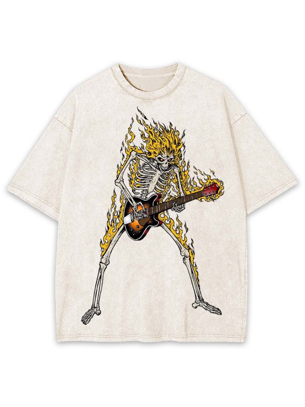 Flaming Skeleton Guitarist Washed Tshirt