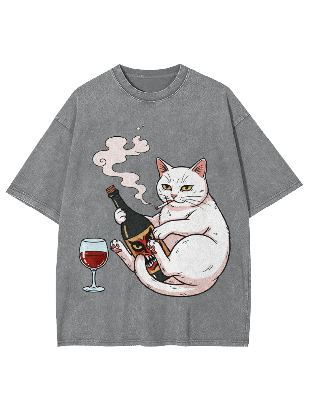 Drinking Rebellious Cat Washed Tshirt