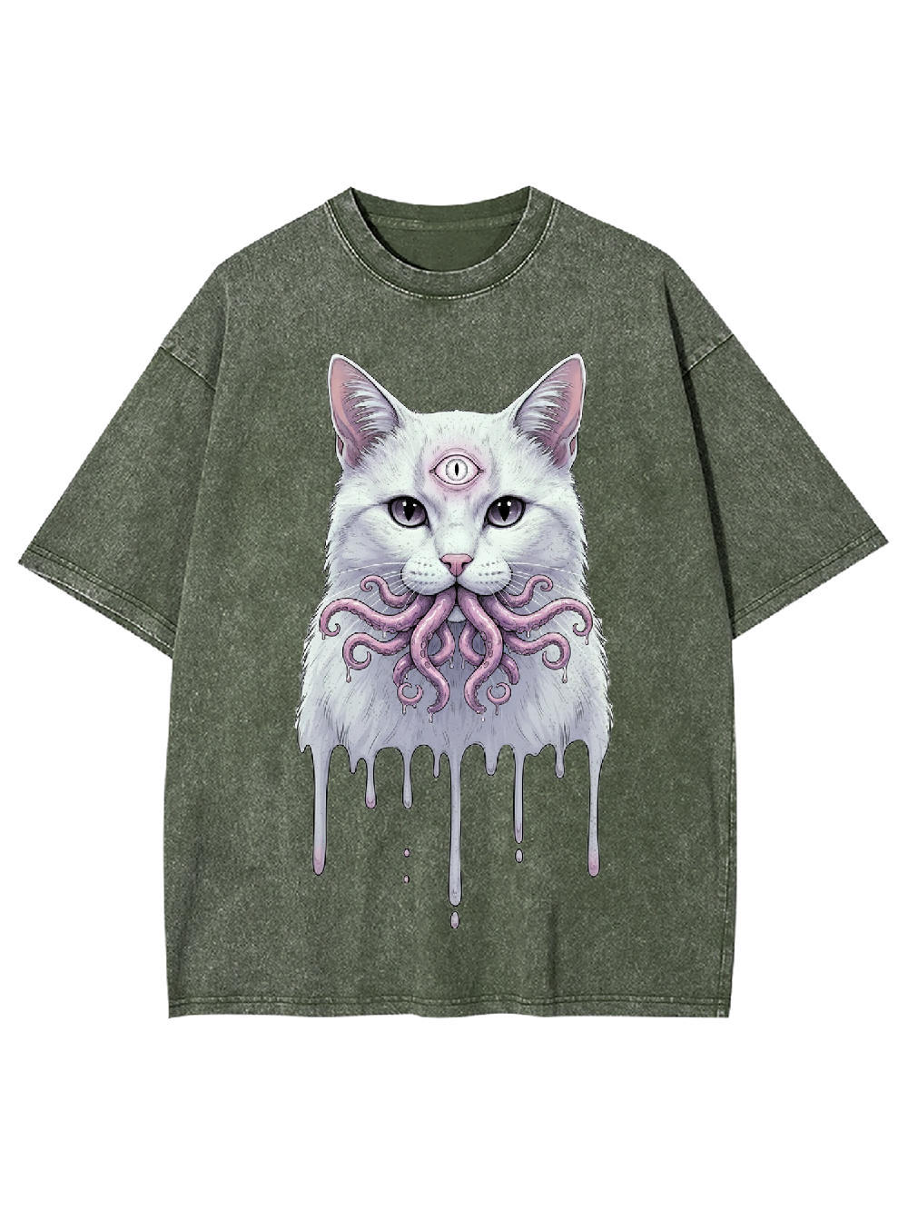 Octopus-Mouthed White Cat Washed Tshirt