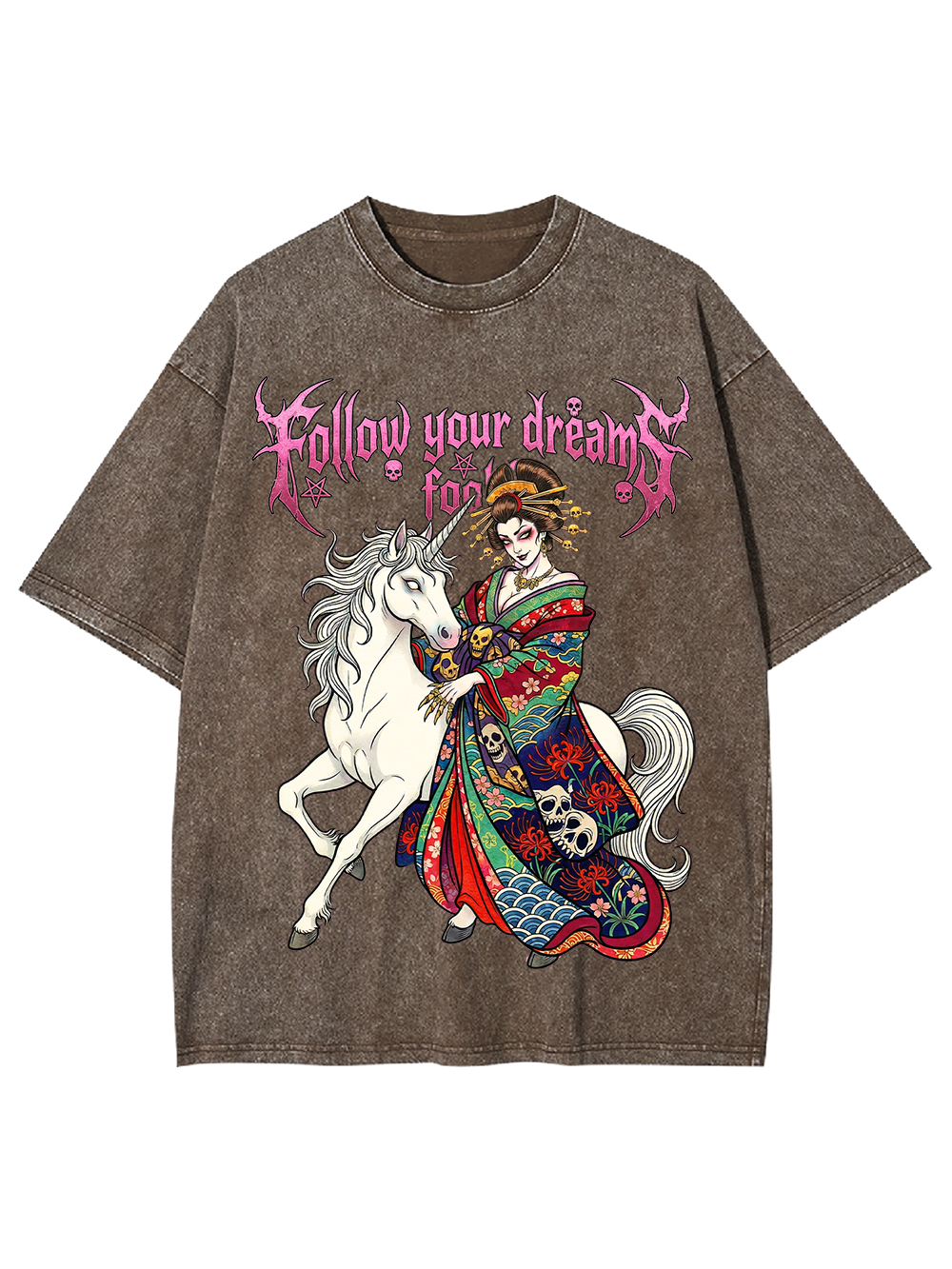 Dark Geisha on White Horse Washed Tshirt