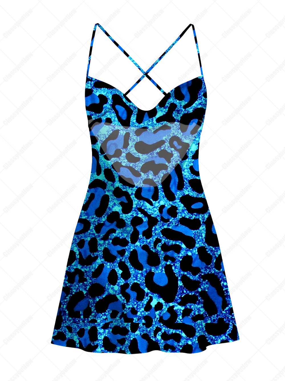 ELECTRIC BLUE LEOPARD SATIN CROSS BACK MINI DRESS