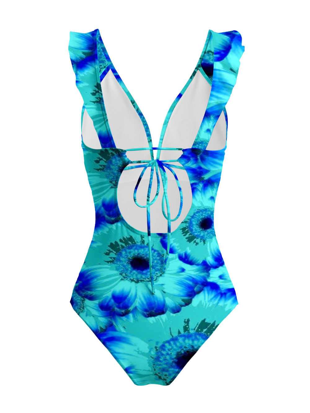 BLUE BLOOM FLORAL PRINT FITTED V-NECK ONE PIECE SWIMSUIT