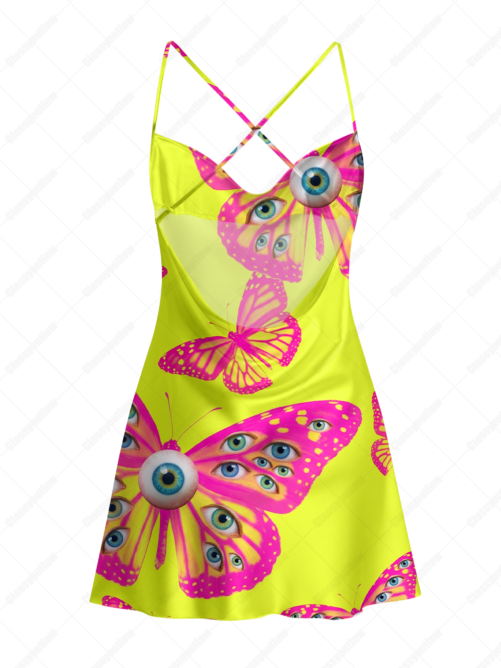 EYE BUTTERFLY DREAM SATIN CROSS BACK MINI DRESS