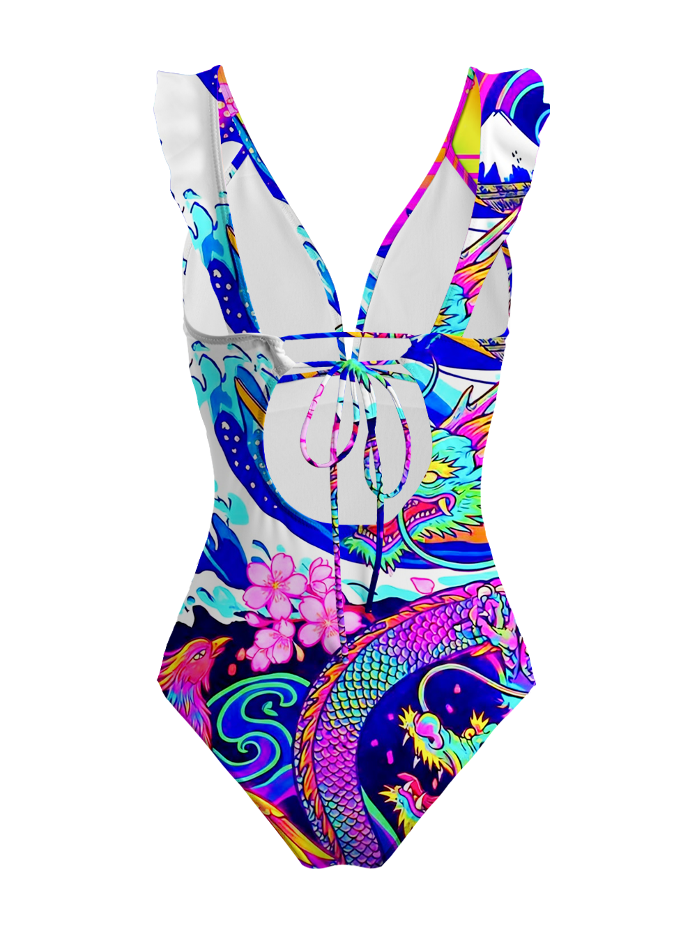 NEON DRAGON WAVE V-NECK ONE PIECE SWIMSUIT