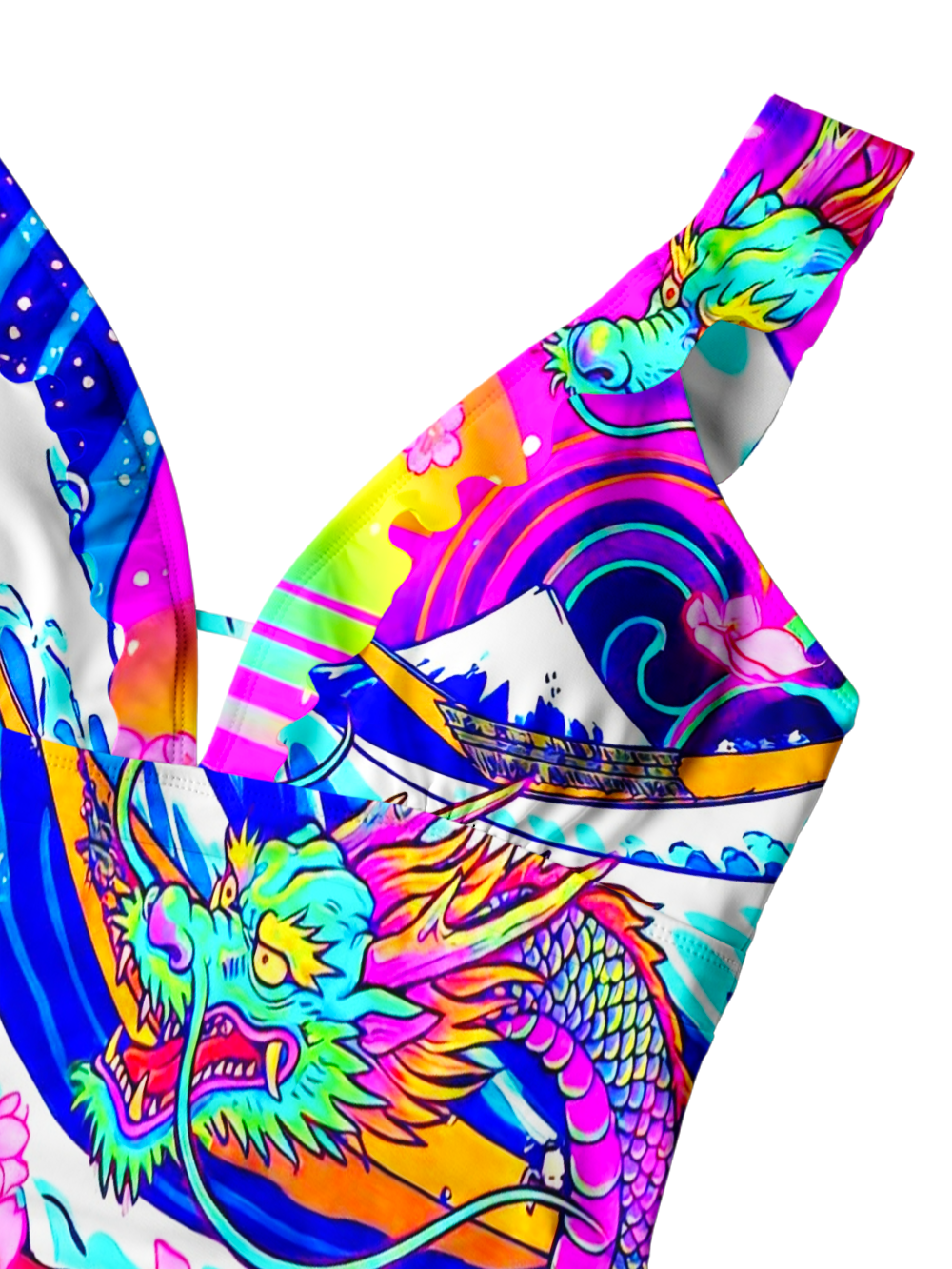 NEON DRAGON WAVE V-NECK ONE PIECE SWIMSUIT