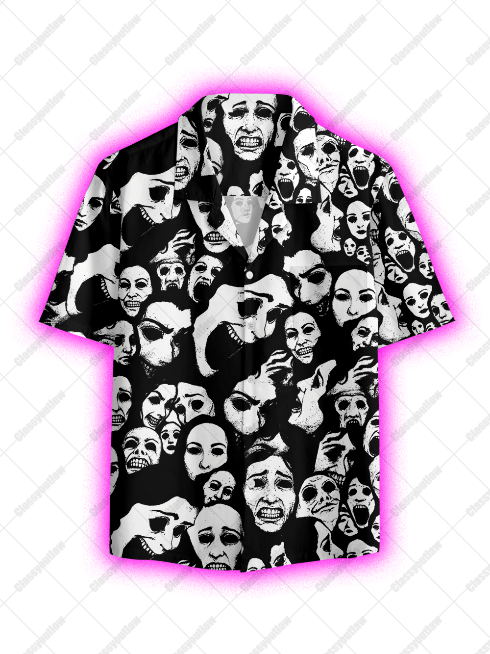 NIGHTMARE FACES COLLAGE BUTTON UP POCKET SHIRT