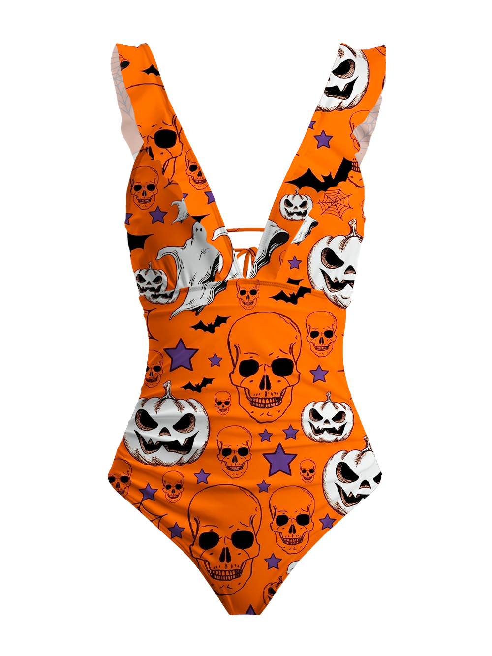 HALLOWEEN SKULL V-NECK ONE PIECE SWIMSUIT