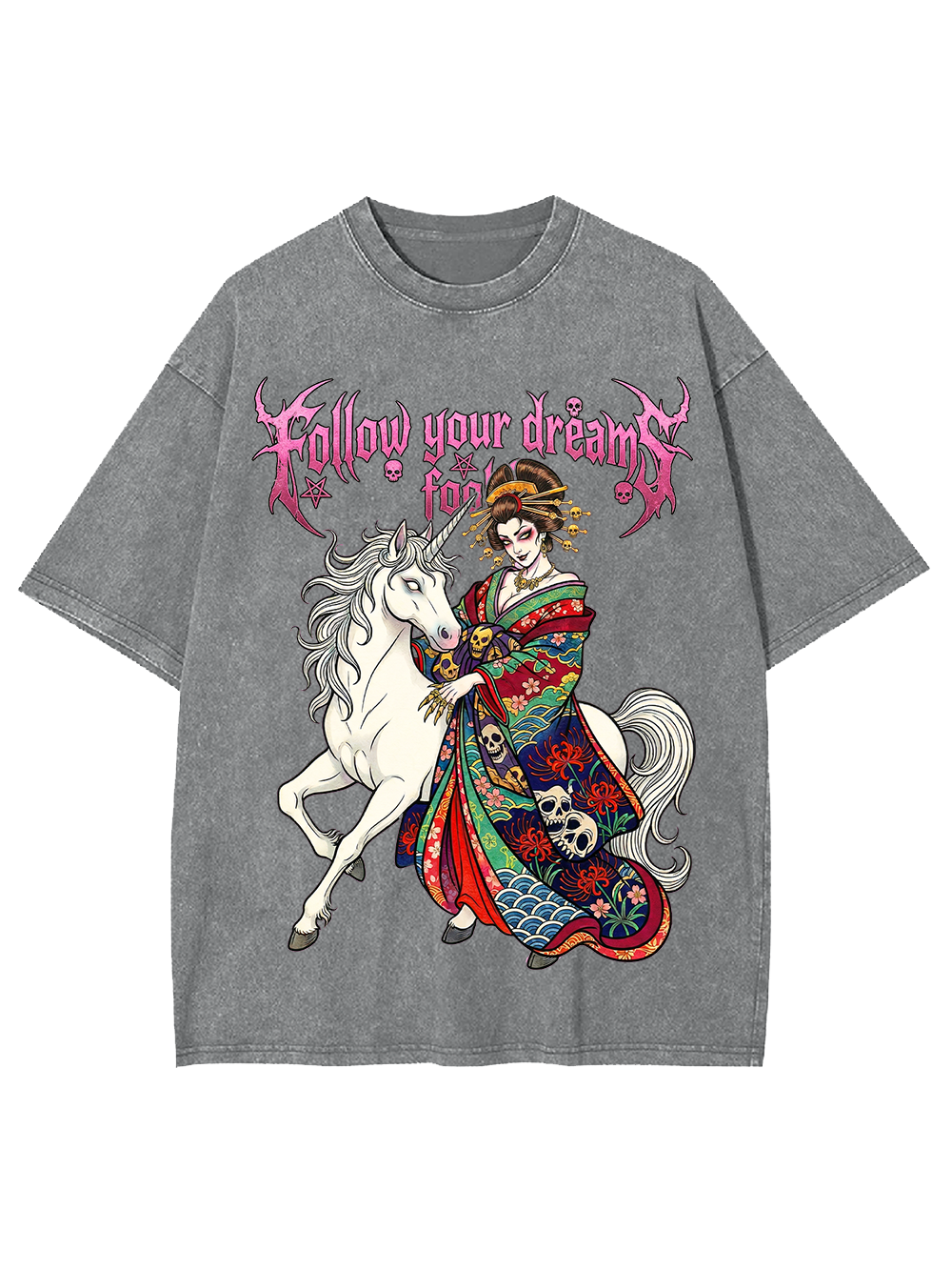 Dark Geisha on White Horse Washed Tshirt