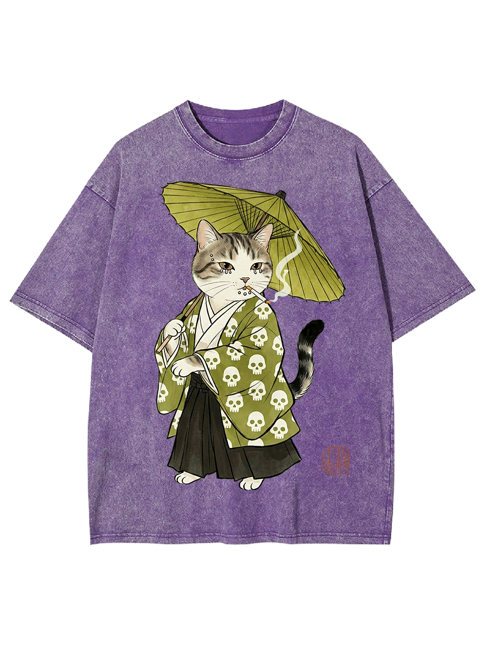 Samurai Cat Ukiyo-e Washed Tshirt
