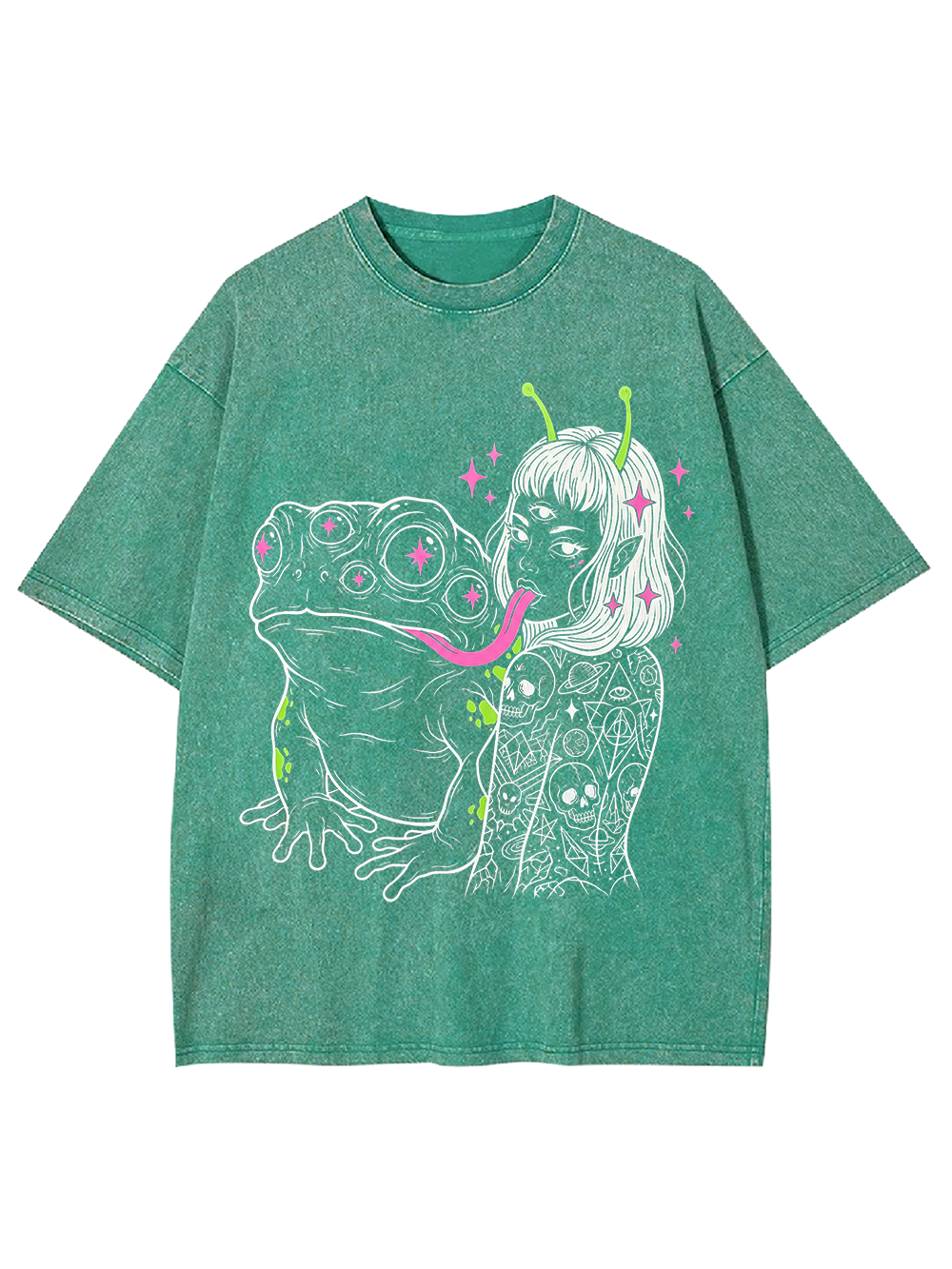 ALIEN GIRL AND MUTANT FROG TONGUE WASHED TSHIRT