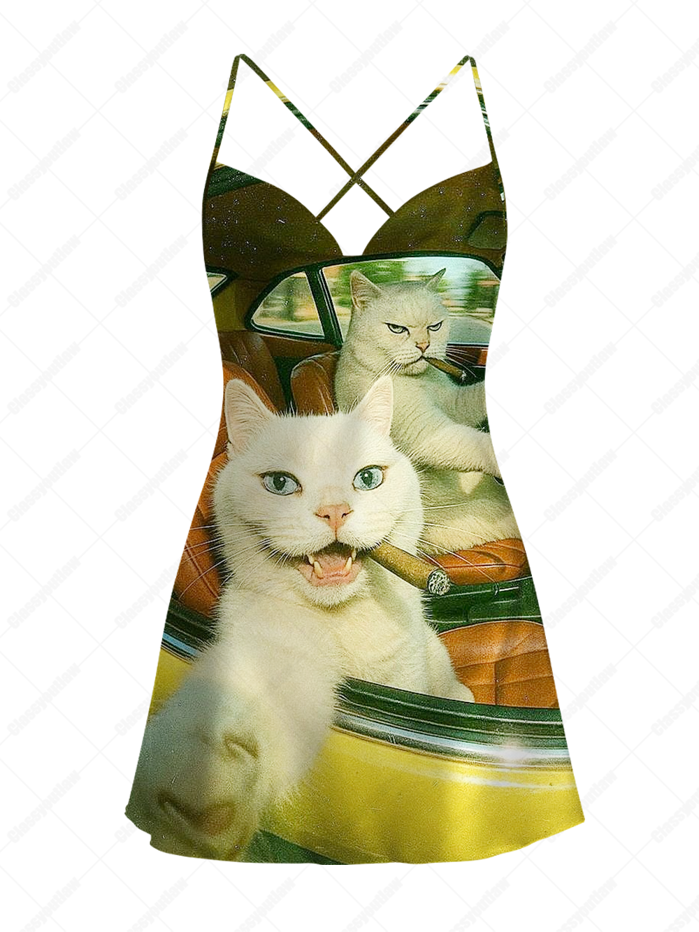WHITE CAT WITH CIGAR SATIN CROSS BACK MINI DRESS