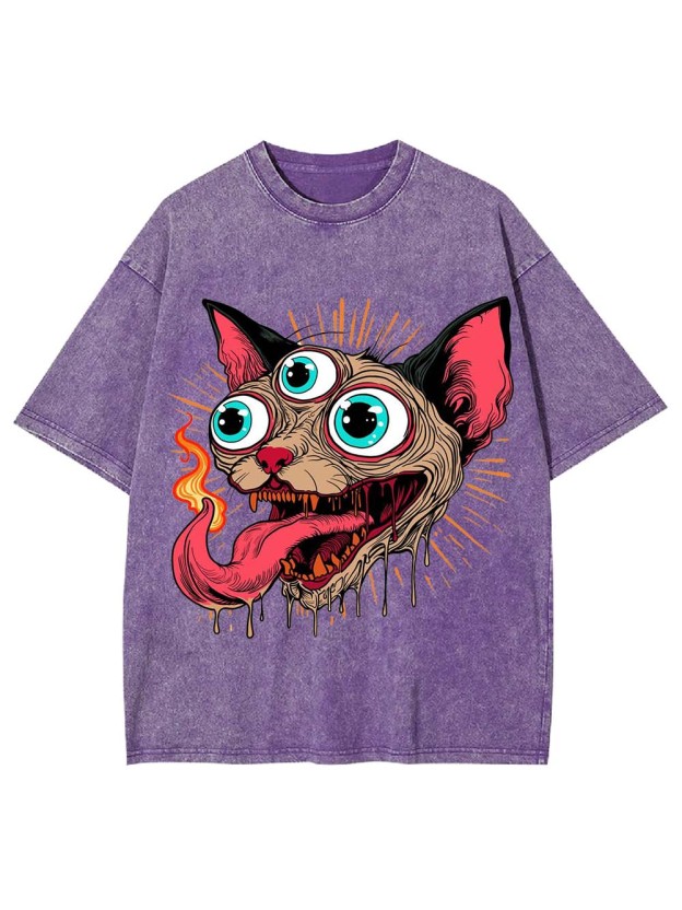 Flaming Three-Eyed Cat Washed Tshirt