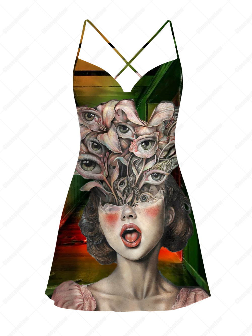 SURREAL EYE BLOOM GODDESS SATIN CROSS BACK MINI DRESS
