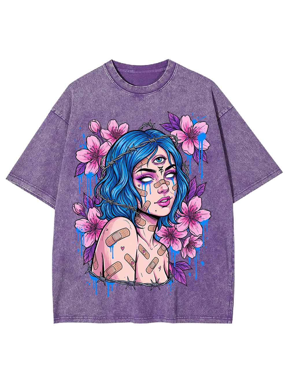 BLUE HAIRED BLOSSOM GIRL WASHED TSHIRT