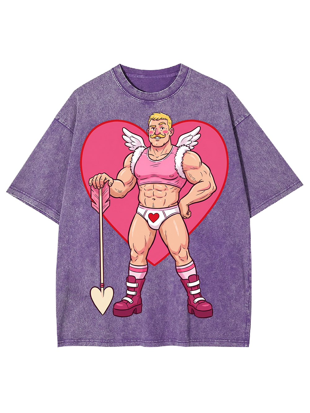 MUSCULAR CUPID IN PINK HEART OUTFIT WASHED TSHIRT