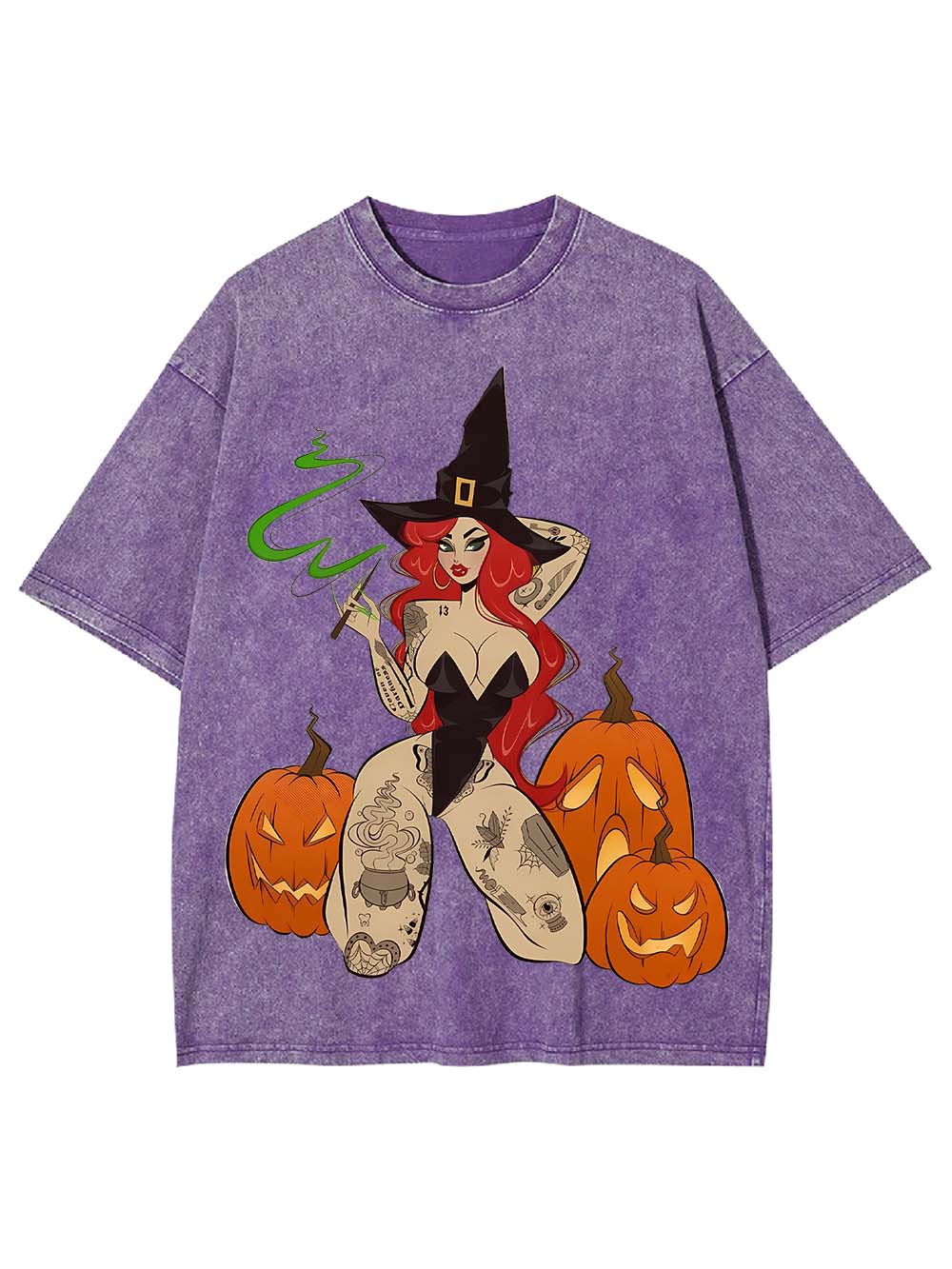 Tattooed Witch and Pumpkins Washed Tshirt