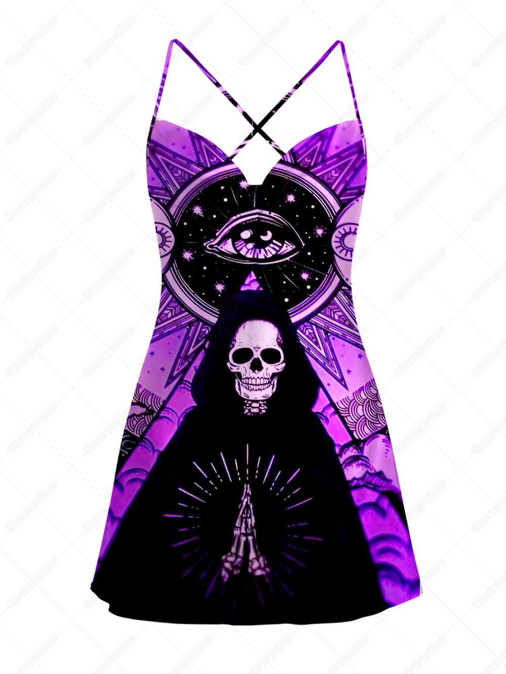 PURPLE OCCULT REAPER SATIN CROSS BACK MINI DRESS