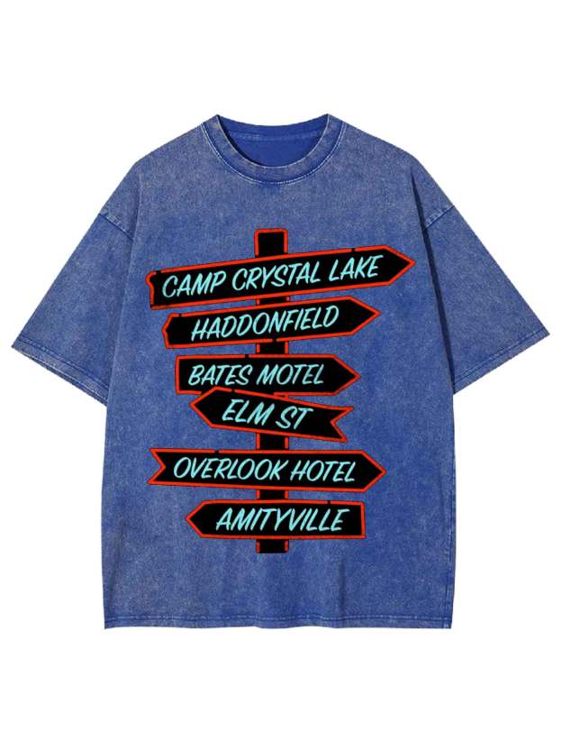 Horror Destinations Signpost Washed Tshirt