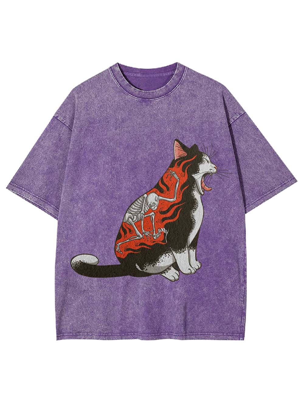 Flaming Skeleton Cat Washed Tshirt