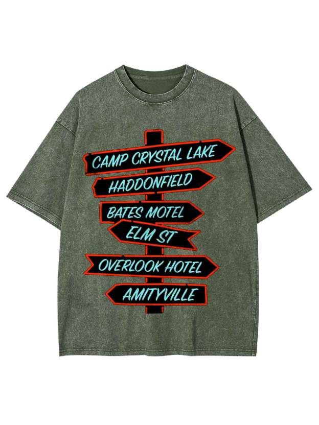 Horror Destinations Signpost Washed Tshirt