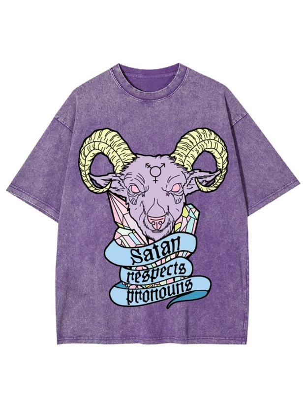 Satan Respects Pronouns Washed Tshirt