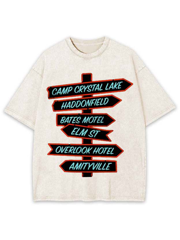 Horror Destinations Signpost Washed Tshirt