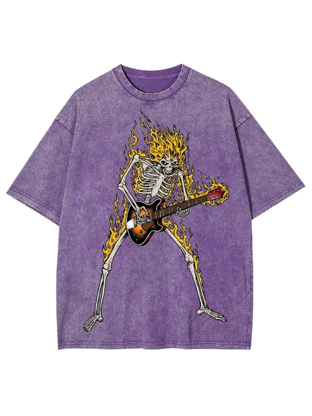 Flaming Skeleton Guitarist Washed Tshirt