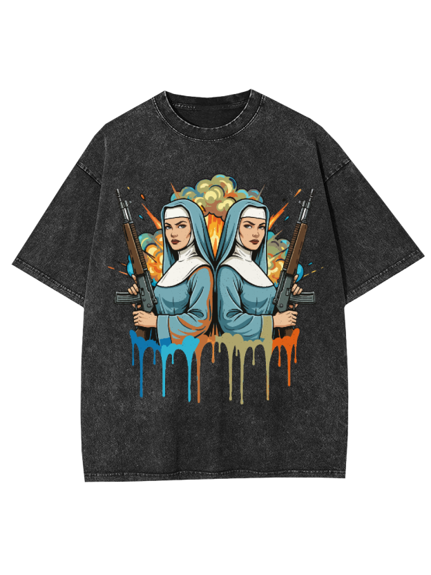 Gun-Wielding Nun Washed Tshirt