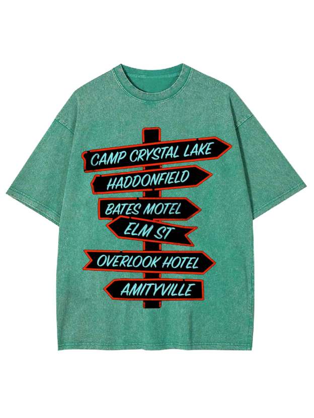 Horror Destinations Signpost Washed Tshirt