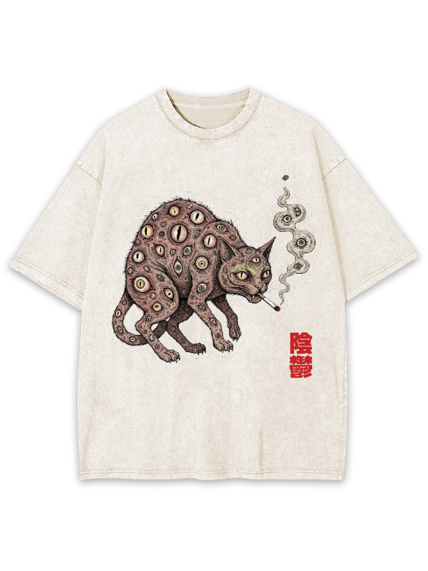 Smoking Cat with Multiple Eyes Washed Tshirt