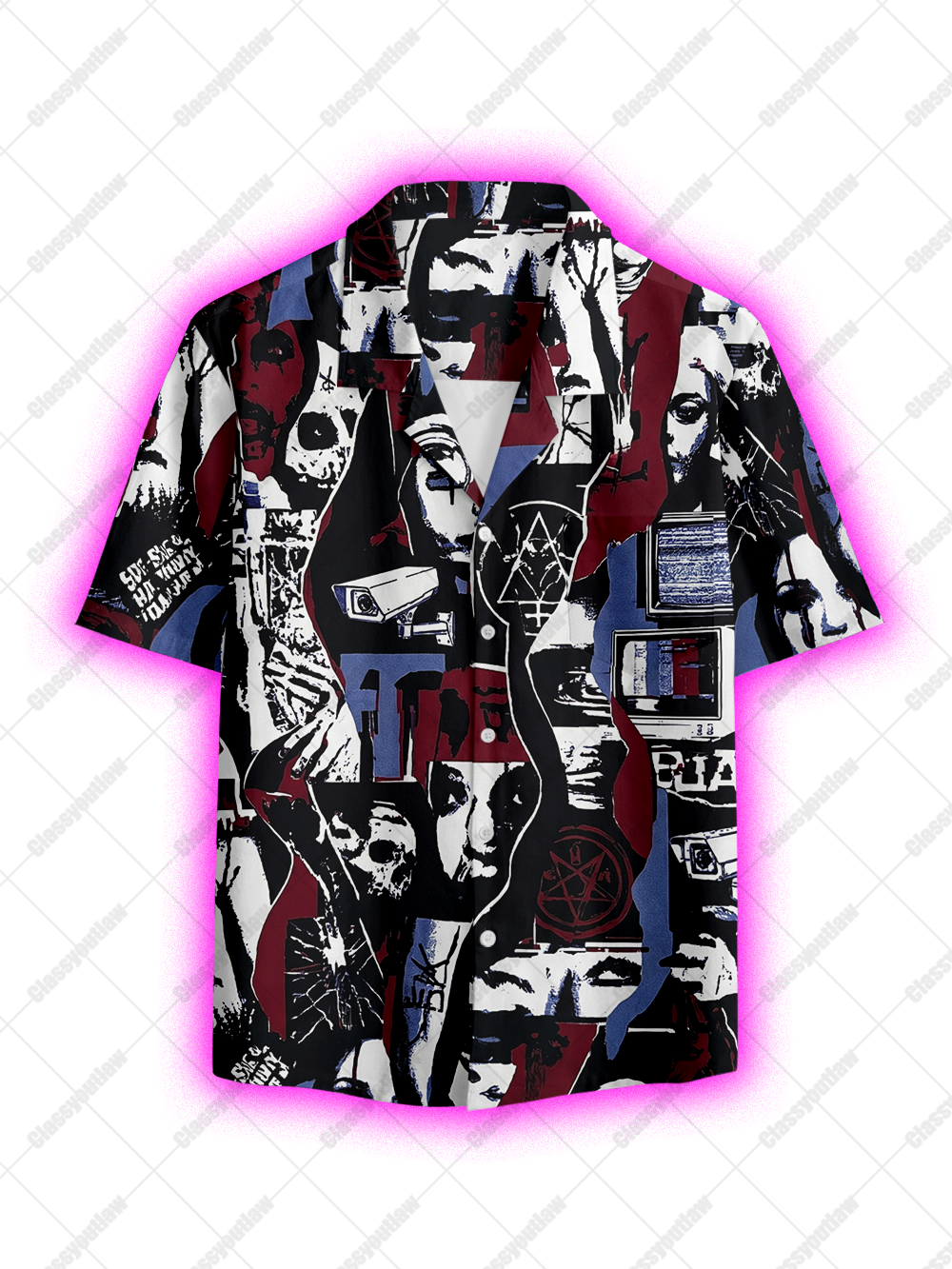 DARK GRAFFITI COLLAGE BUTTON UP POCKET SHIRT