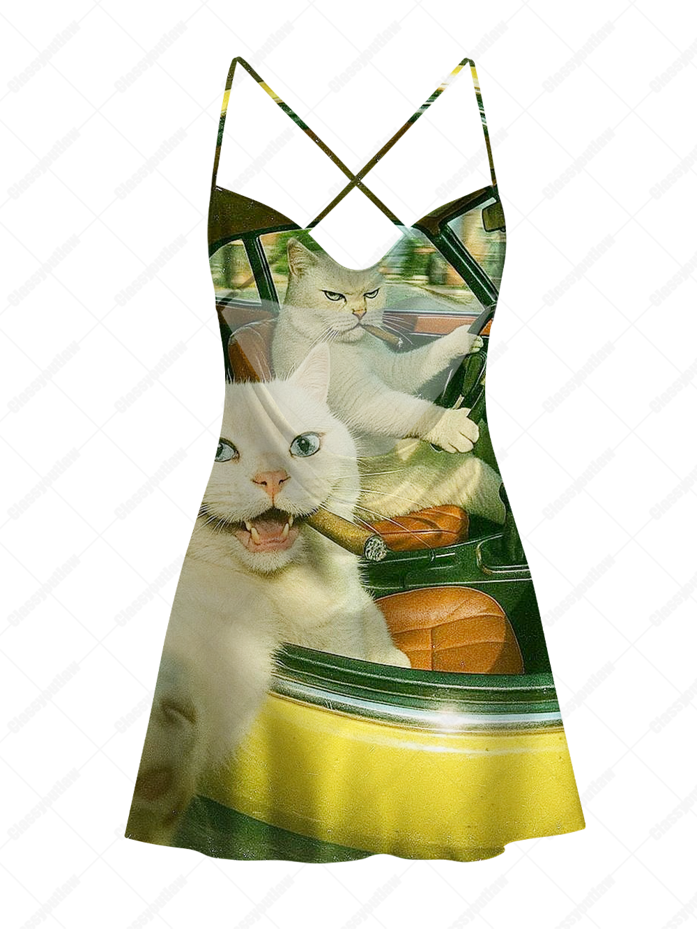 WHITE CAT WITH CIGAR SATIN CROSS BACK MINI DRESS