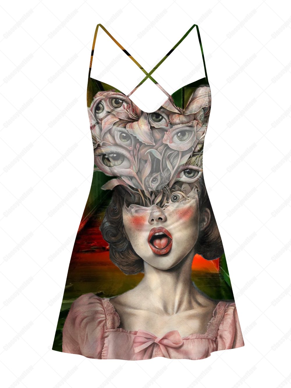 SURREAL EYE BLOOM GODDESS SATIN CROSS BACK MINI DRESS