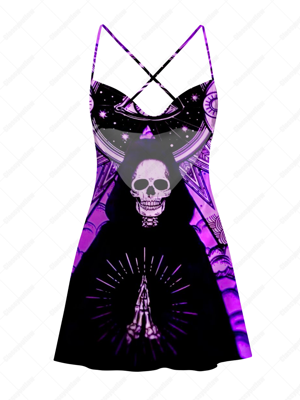PURPLE OCCULT REAPER SATIN CROSS BACK MINI DRESS