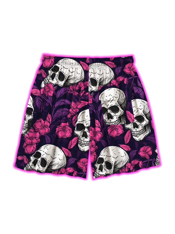 Skulls And Blossoms All Over Print Shorts