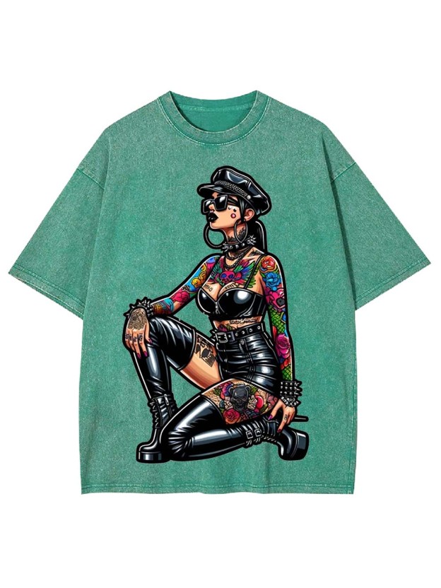 Pinup in Leather and Spikes Washed Tshirt