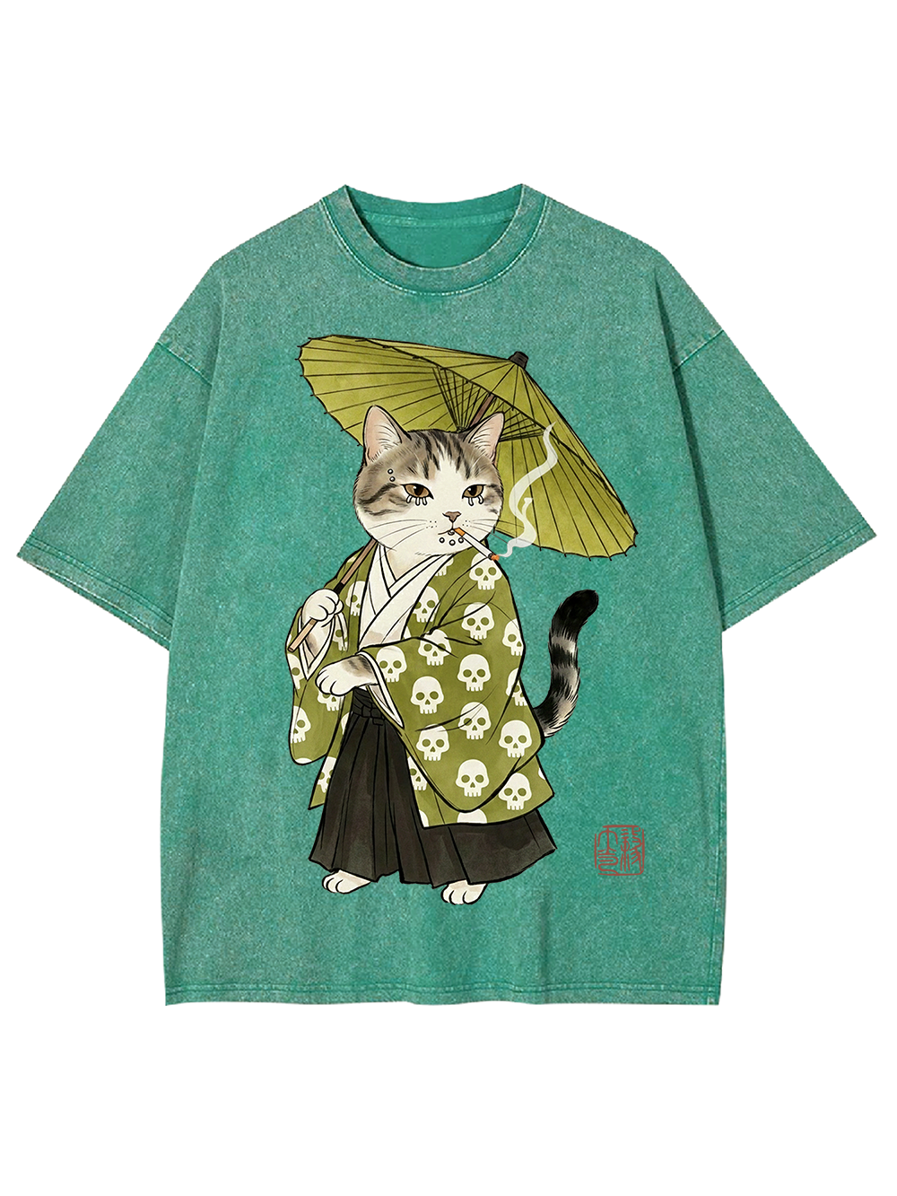 Samurai Cat Ukiyo-e Washed Tshirt