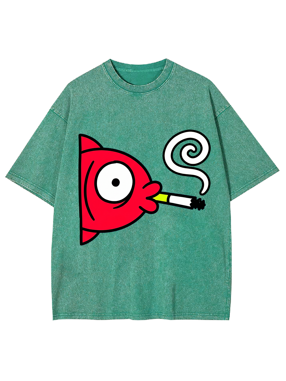 CARTOON RED FISH SMOKING CIGARETTE WASHED TSHIRT