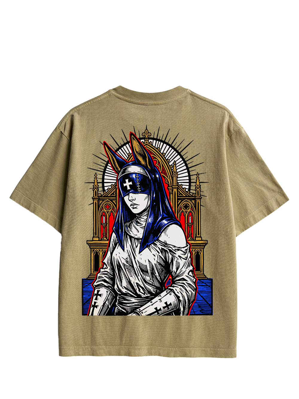 GOTHIC NUN WITH BUNNY EARS CHURCH DOUBLE SIDED PRINT WASHED TSHIRT