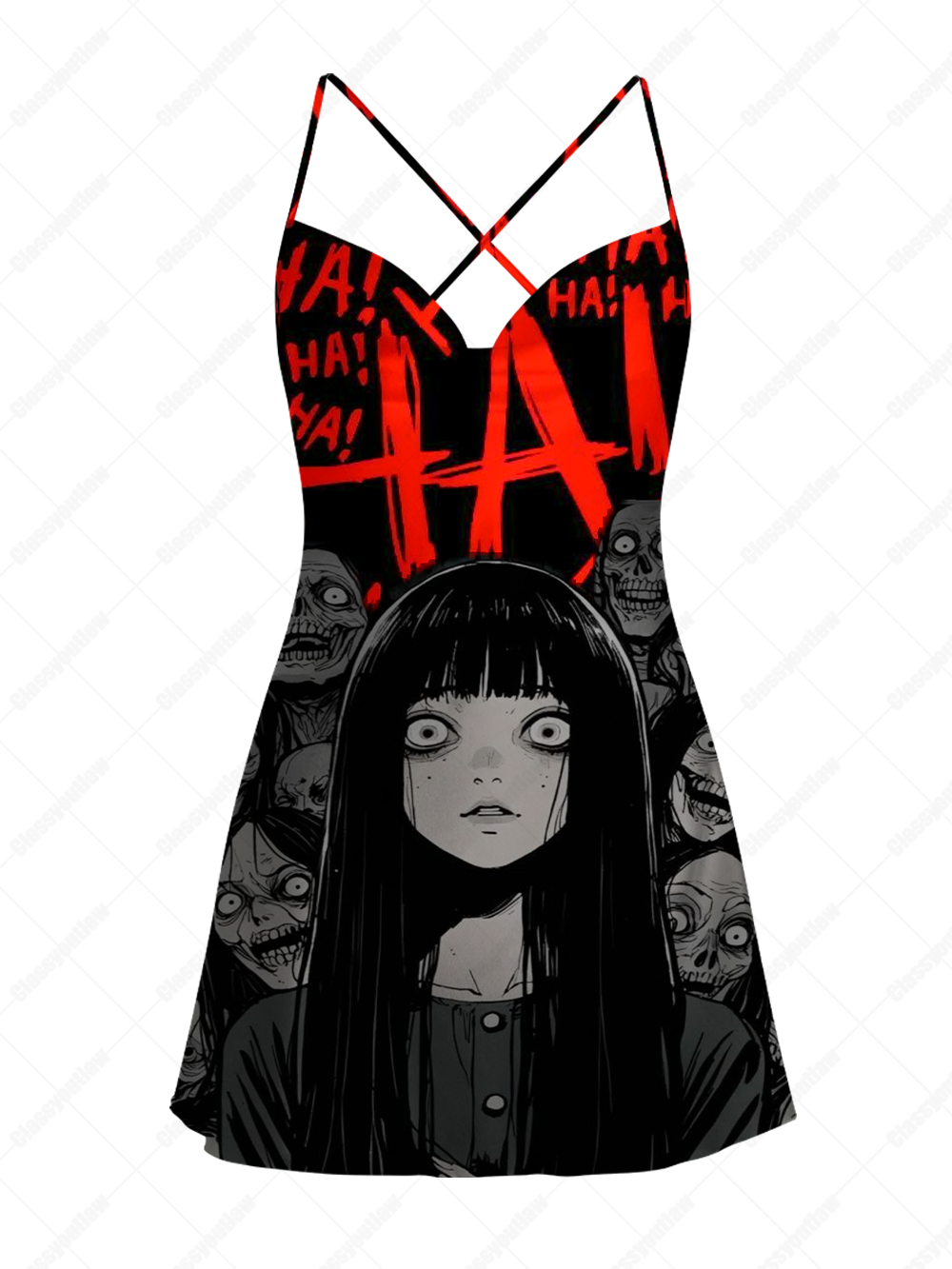 RED HA HA HORROR ANIME SATIN CROSS BACK MINI DRESS