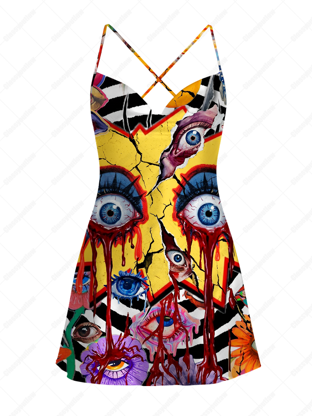 BLEEDING EYES POP ART SATIN CROSS BACK MINI DRESS