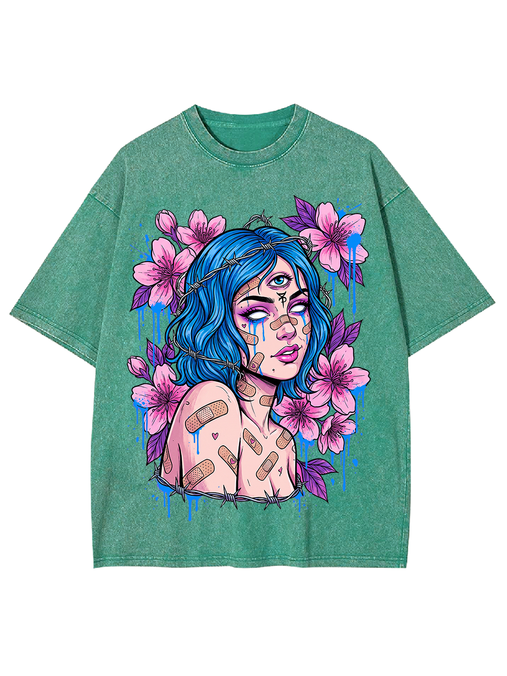BLUE HAIRED BLOSSOM GIRL WASHED TSHIRT