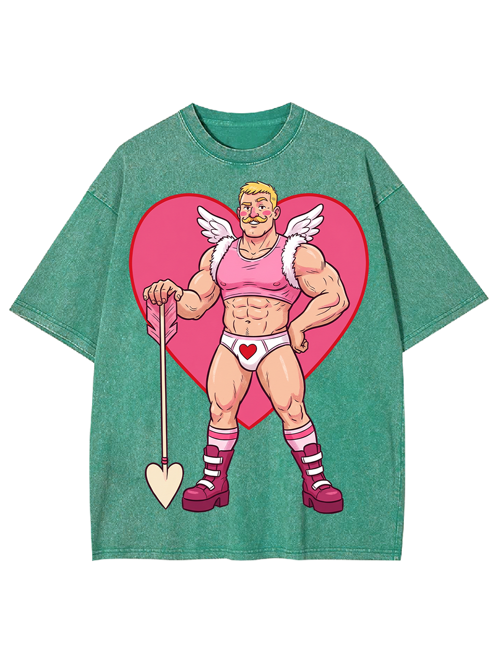 MUSCULAR CUPID IN PINK HEART OUTFIT WASHED TSHIRT