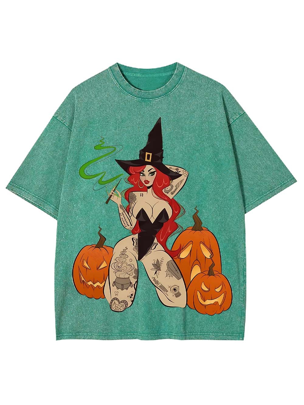 Tattooed Witch and Pumpkins Washed Tshirt