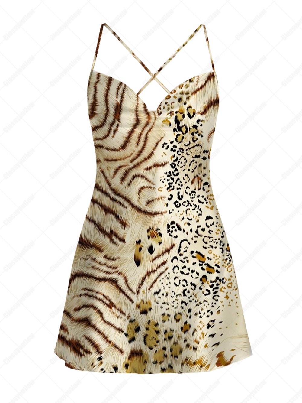 WILD MIXED FELINE SATIN CROSS BACK MINI DRESS
