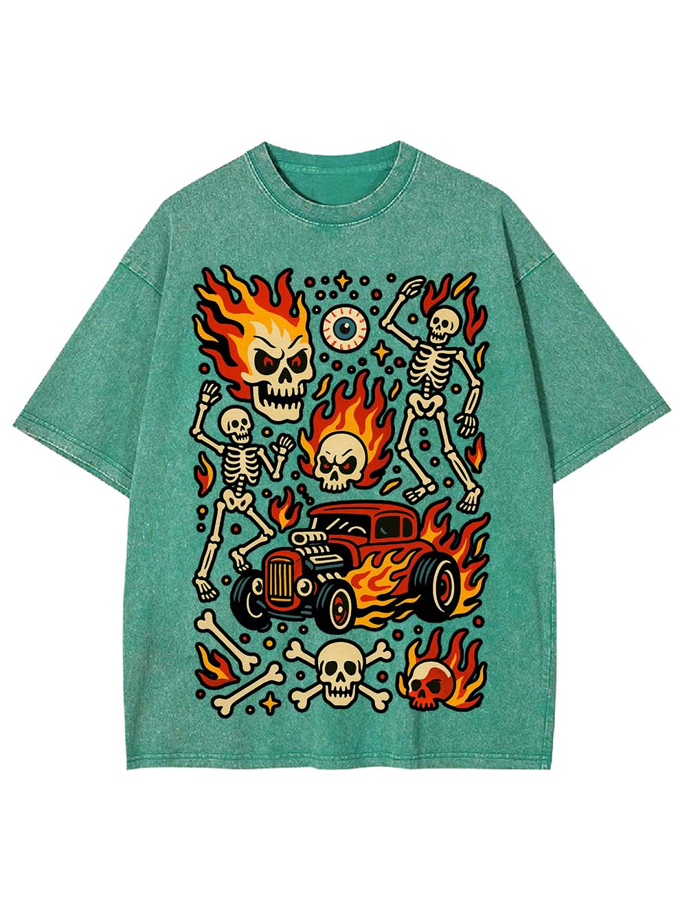 Flaming Skeleton Ride Washed Tshirt