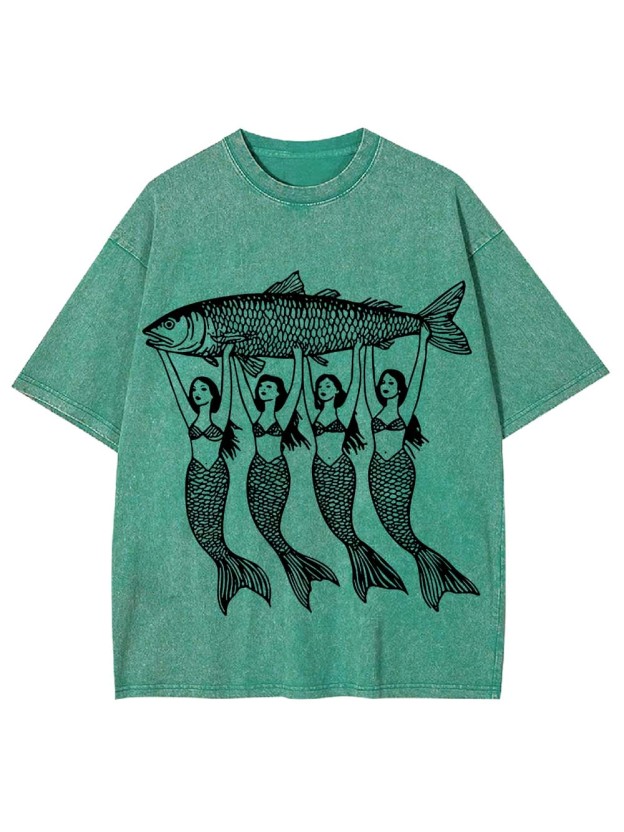 Mermaids Lifting a Fish Washed Tshirt