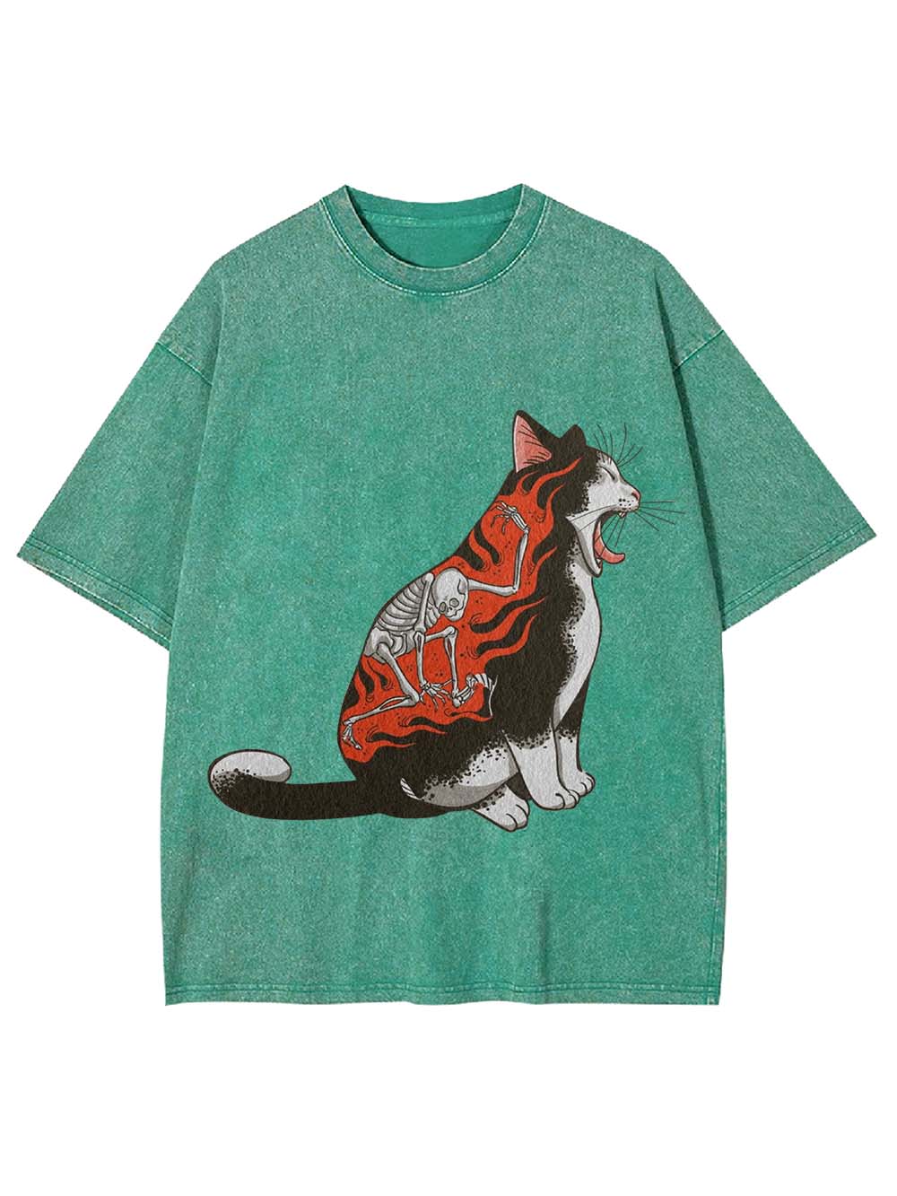 Flaming Skeleton Cat Washed Tshirt