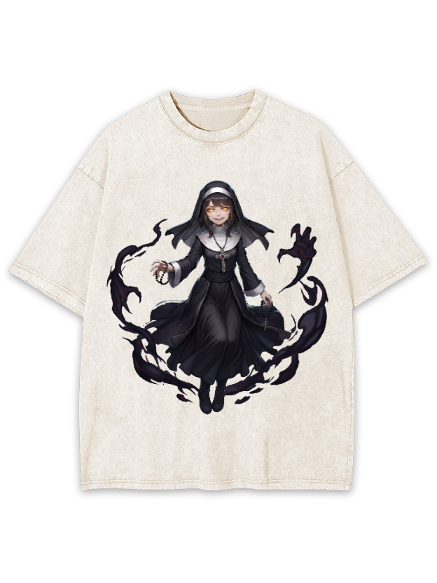 Dark Comic Nun Washed Tshirt