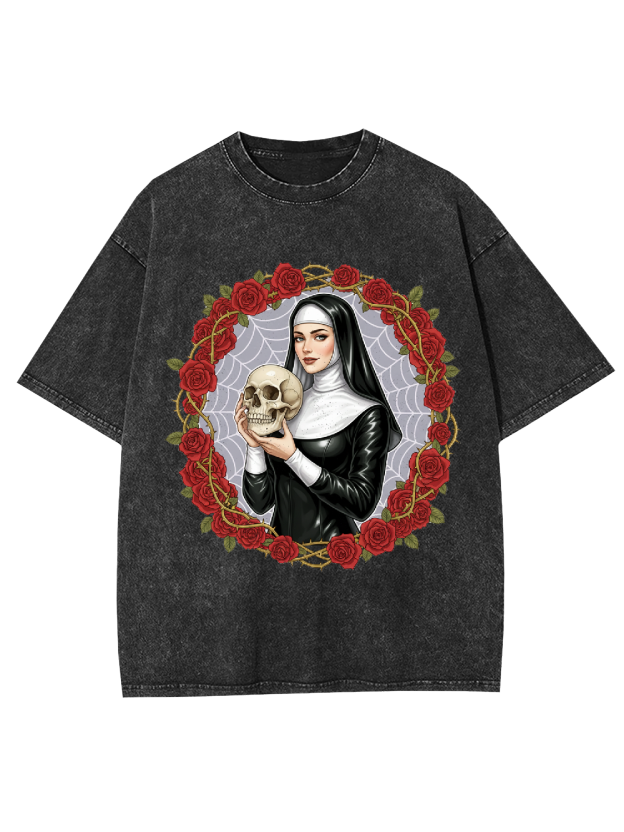 Rose Skull Nun Washed Tshirt